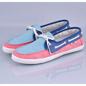 VANS Chauffette Women's Boat Shoes Aqua Sea/Calypso‎ Coral Canvas Slip-On Size 8